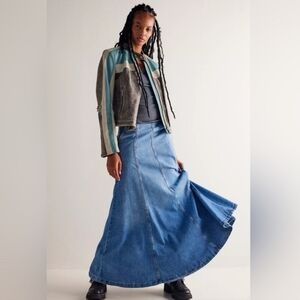 We the Free People Catch The Sun Denim Maxi Skirt in Indigo Blue Altered